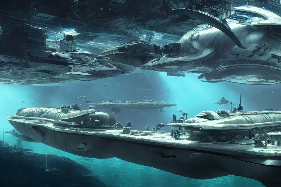 Futuristic underwater city with advanced submarines and blue illuminated structures