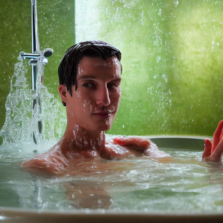 Person smiling in bathtub with water splashing, green-tinted background