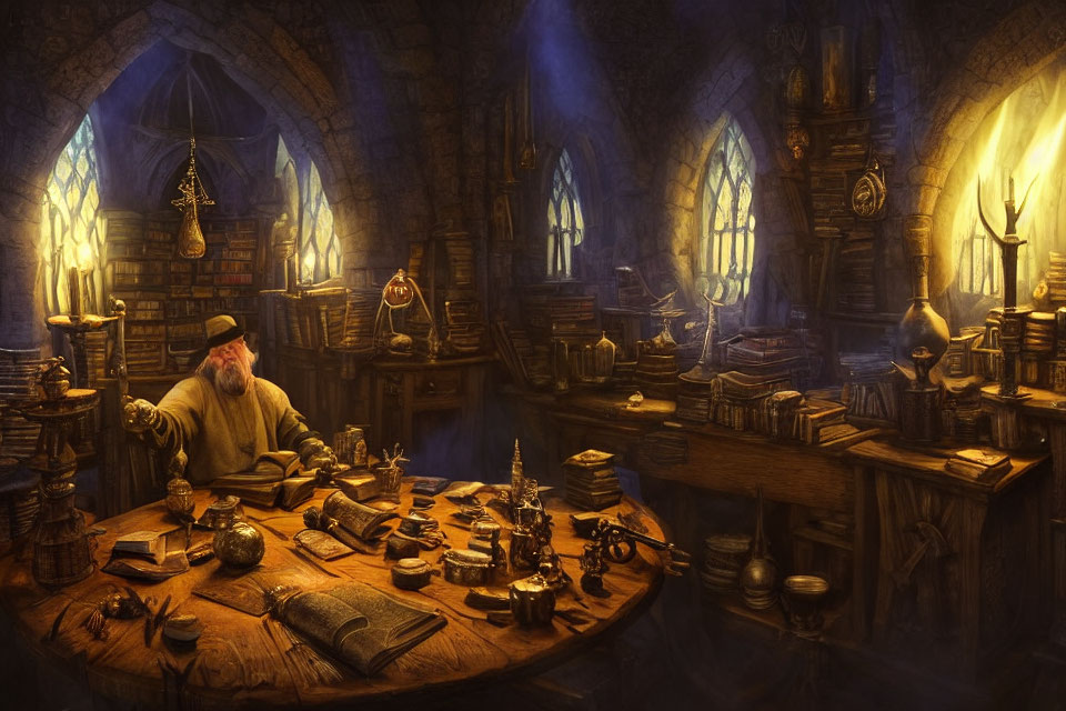 Elderly man in cluttered medieval study with books and scrolls