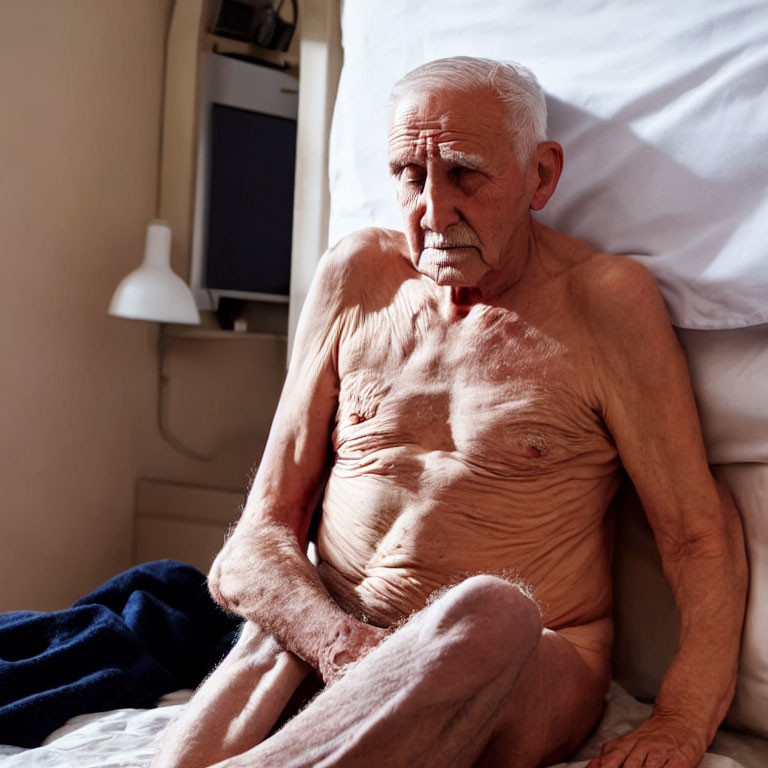 Elderly Shirtless Man Contemplating on Bed Edge in Warmly Lit Room