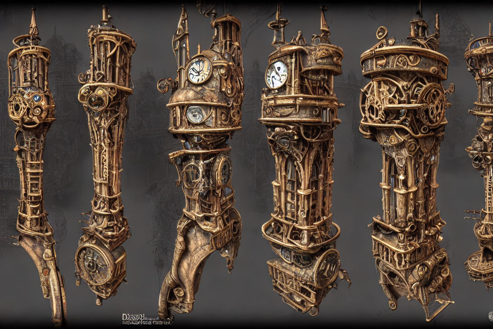 Steampunk-styled mechanical limbs with gears on gray background