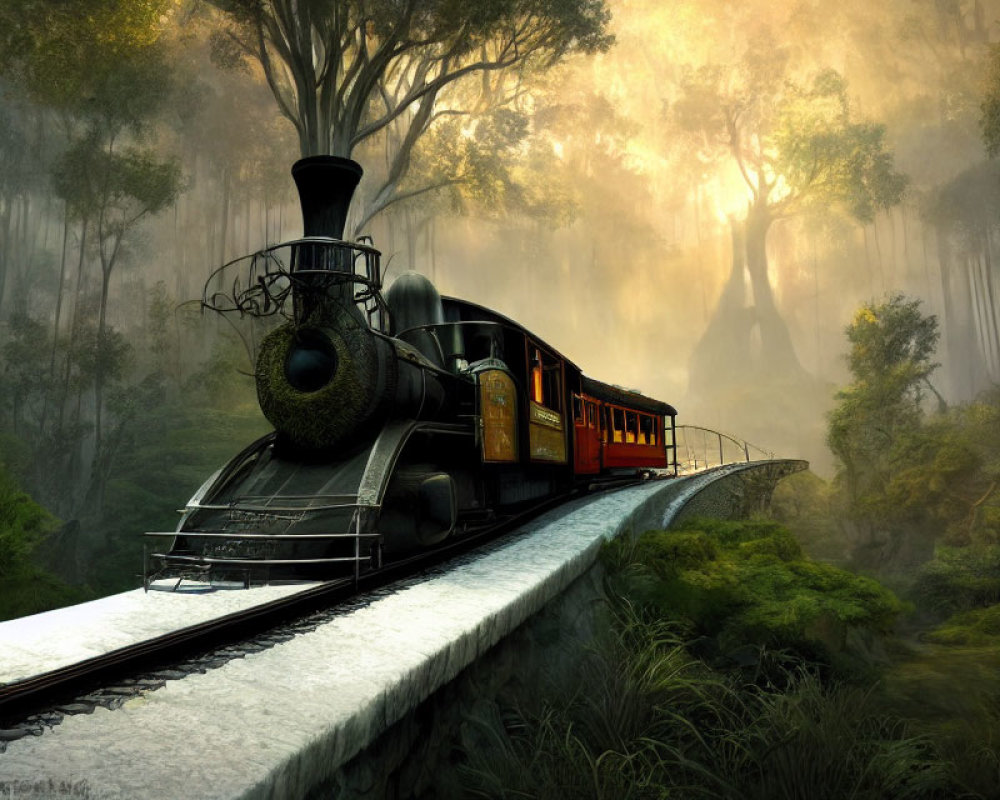 Vintage train travels through misty forest with sun rays - dreamlike scene