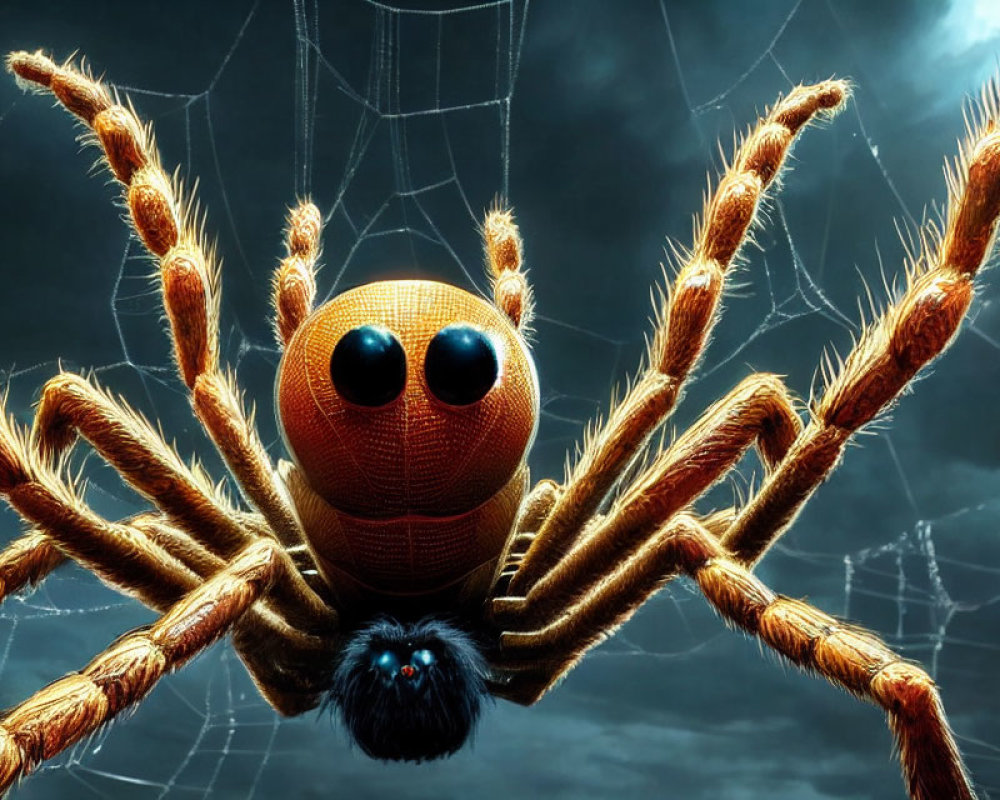 Stylized anthropomorphic spider with expressive eyes on textured body against stormy backdrop