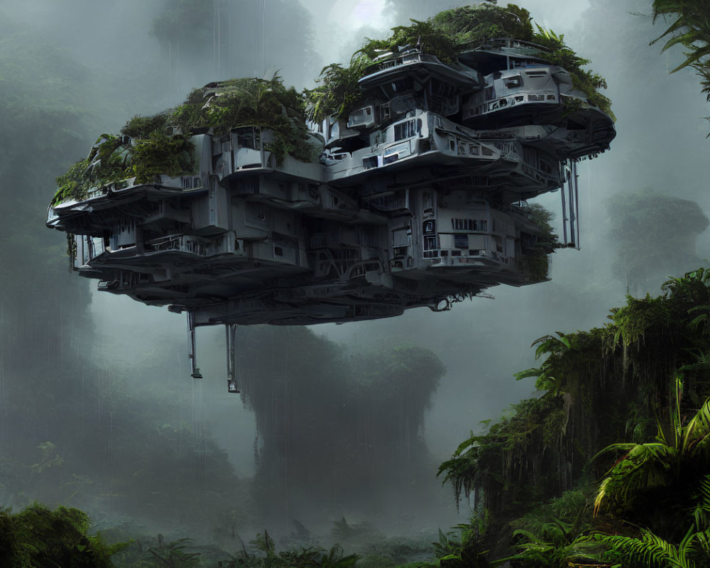 Futuristic floating city in misty jungle with lush greenery