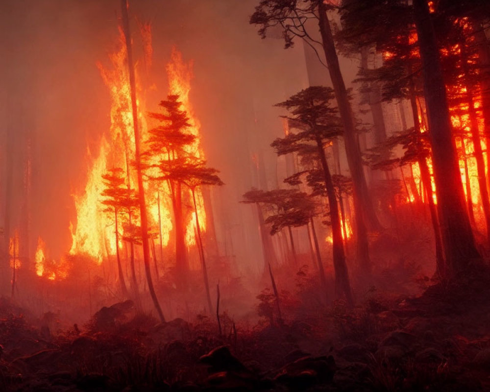 Intense forest fire with towering flames and smoke-filled atmosphere