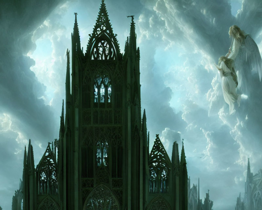 Gothic Cathedral with Ethereal Figures and Cloudy Sky