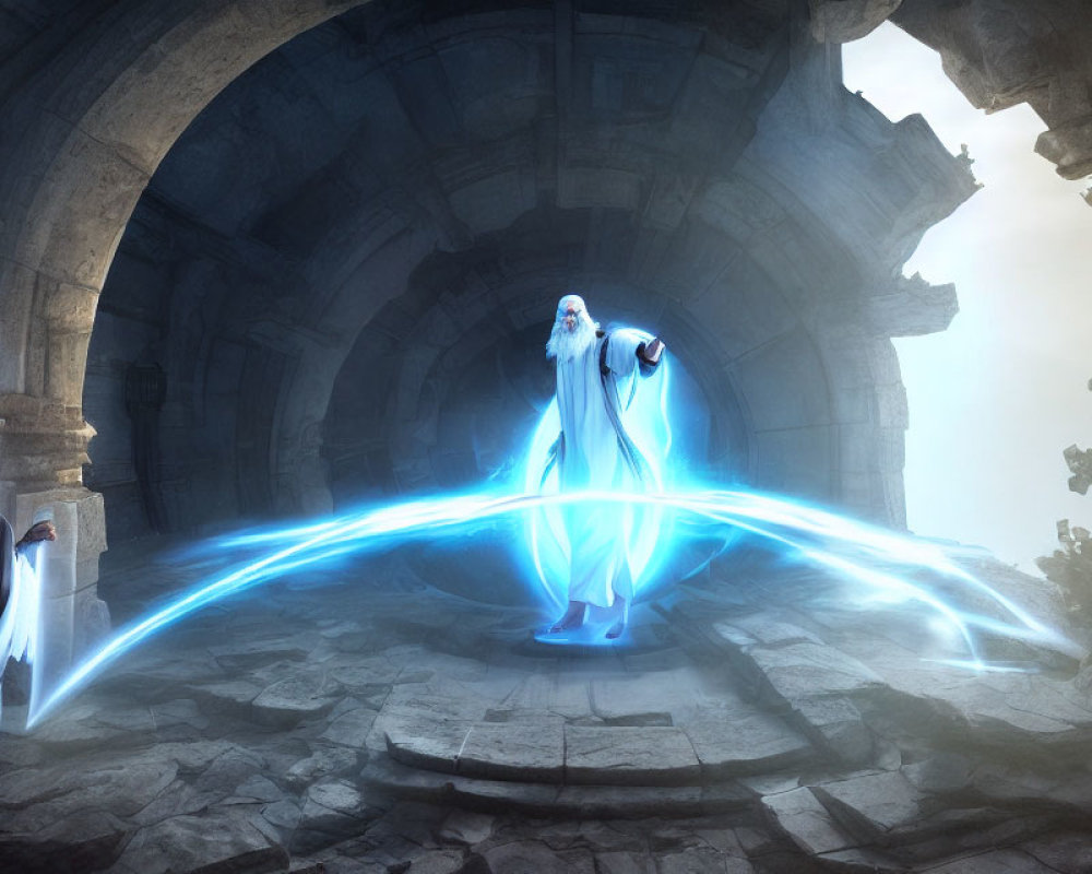 Wizard casting blue energy spell in ancient stone chamber with figure in shadows