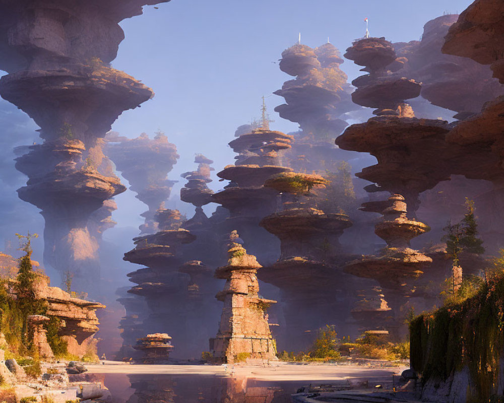 Mystical landscape with towering rock formations and sunbeams