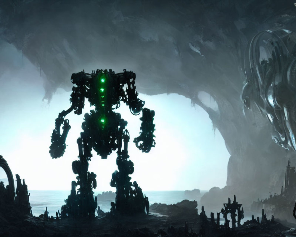 Towering illuminated mechs in futuristic landscape