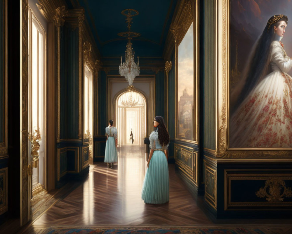 Opulent corridor with period dresses and portrait in warm sunlight