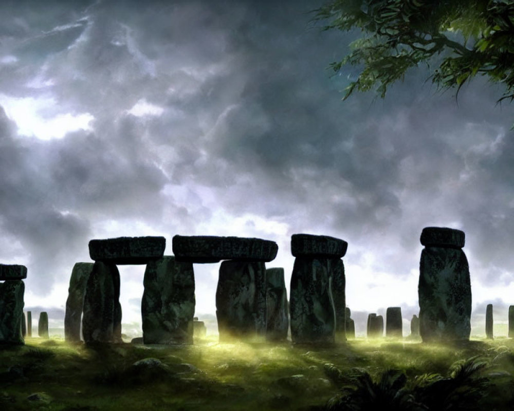 Mystical Stonehenge with Glowing Lights and Stormy Sky