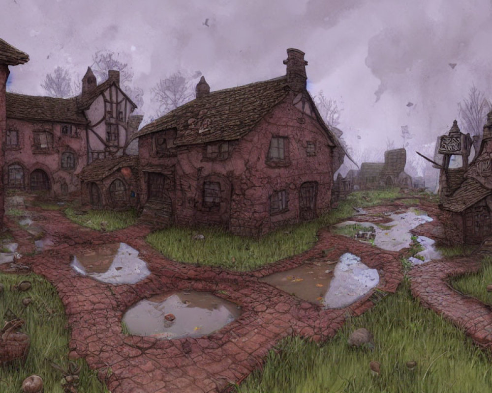 Whimsical medieval village with thatched-roof cottages and puddles in misty ambiance