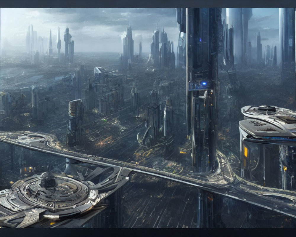 Futuristic cityscape with skyscrapers and flying vehicle