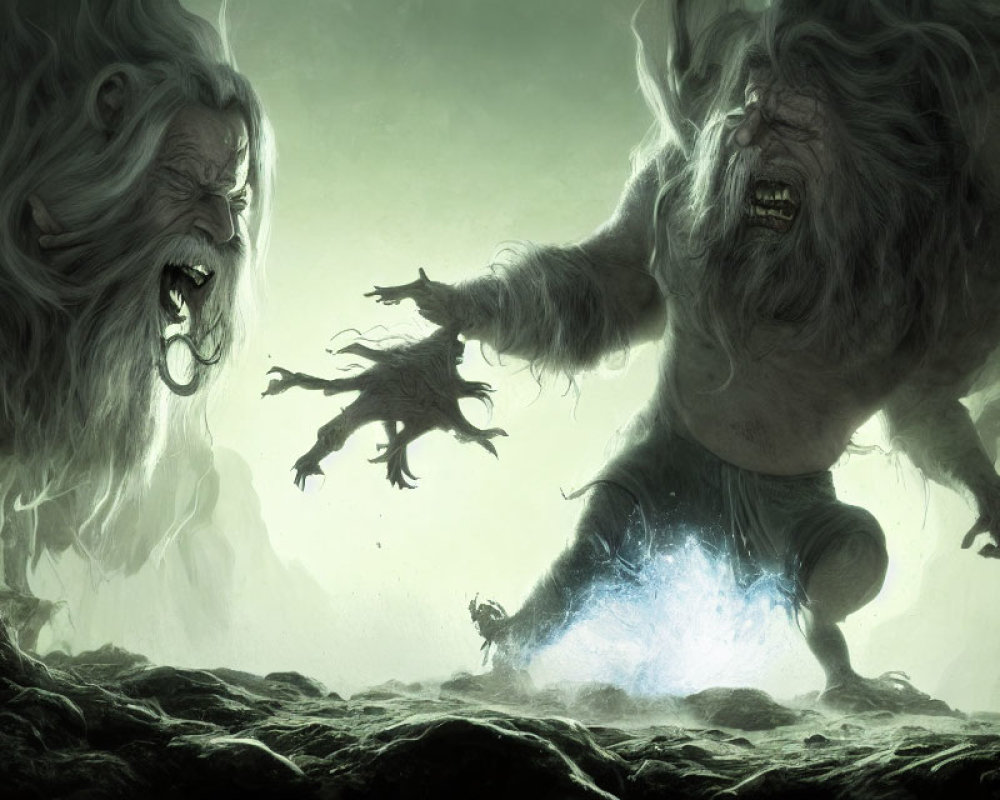 Fantasy scene: small figure facing two angry trolls in eerie landscape