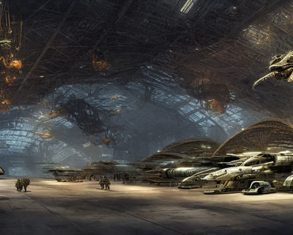 Advanced spacecraft in futuristic hangar with overhead lighting and intricate structure