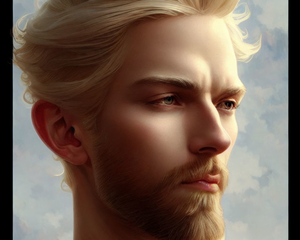 Male figure with blonde hair and piercing eyes in digital painting