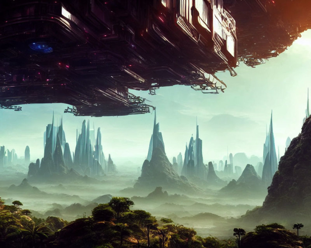 Futuristic cityscape with towering spires in jungle setting