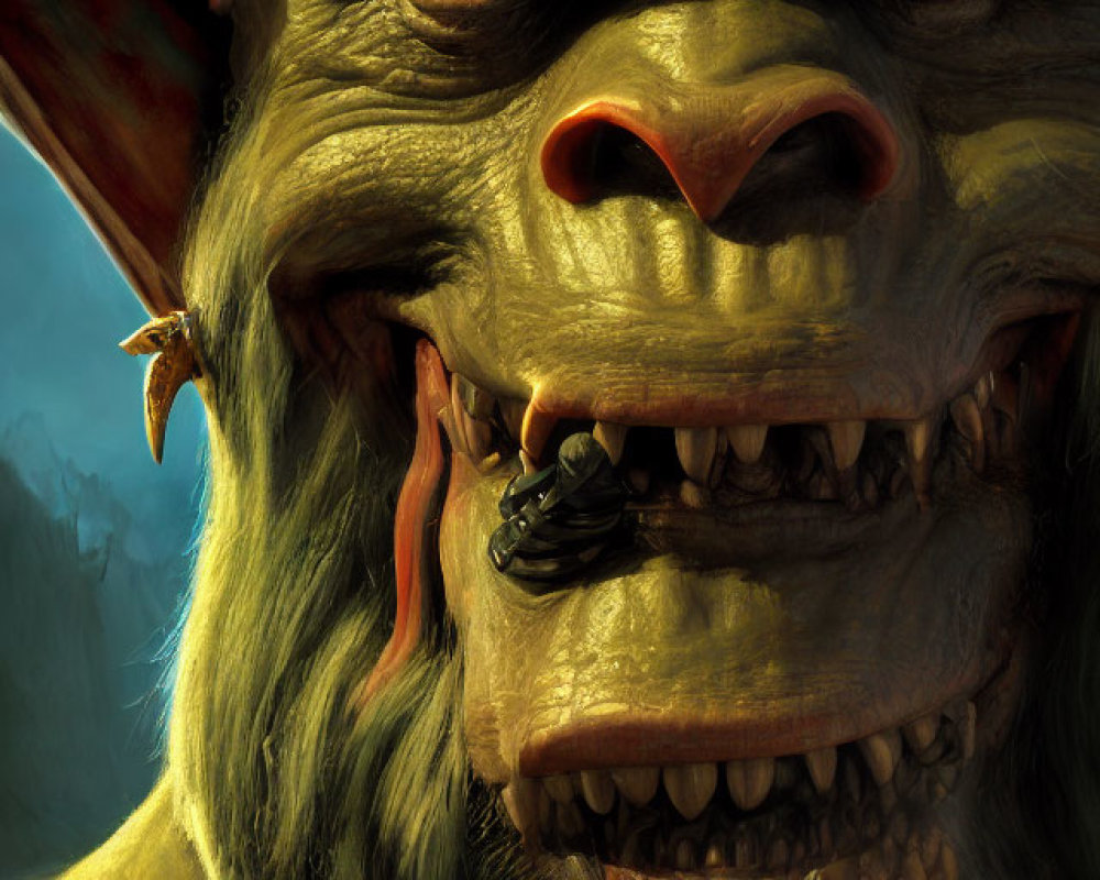 Detailed digital artwork: Snarling orc with yellow eyes, nose ring, and sharp teeth.