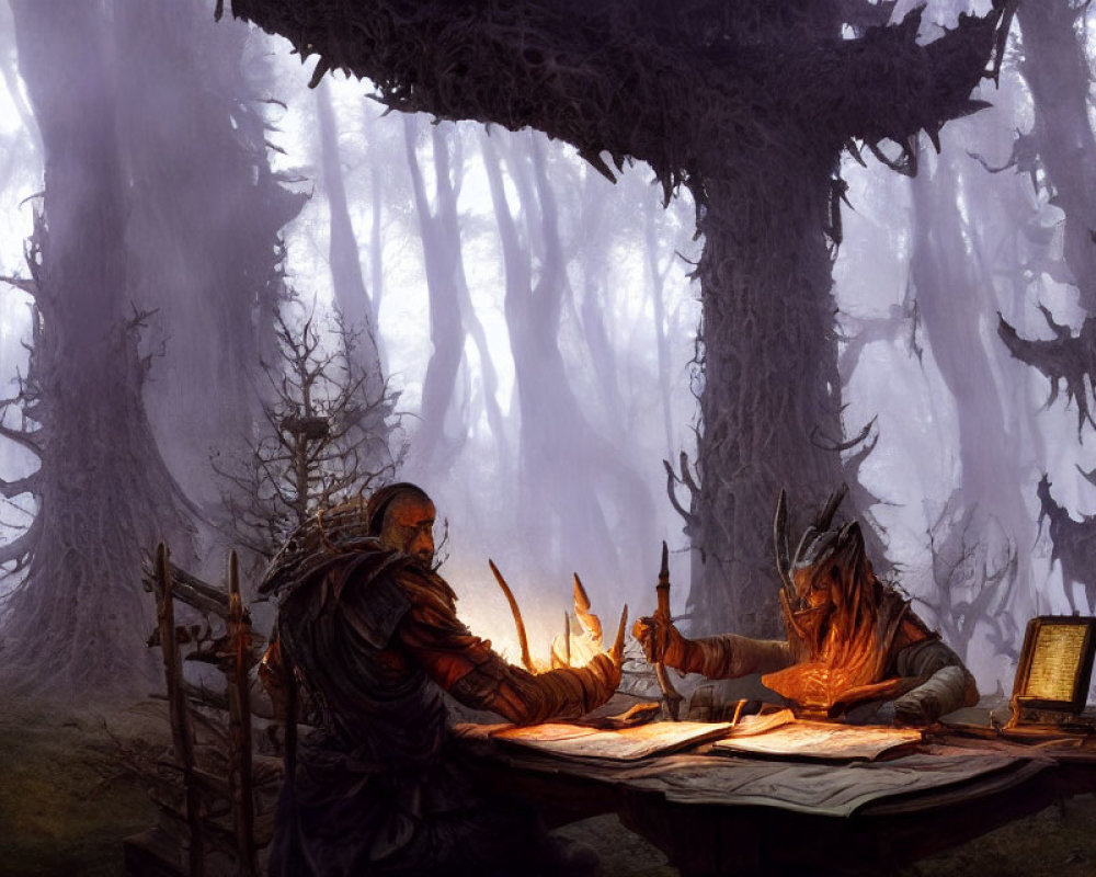 Fantasy characters with hood and horns study map in mystical forest