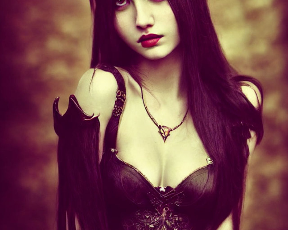 Dark fantasy woman in horned crown and armored corset with intense makeup in sepia-toned scene