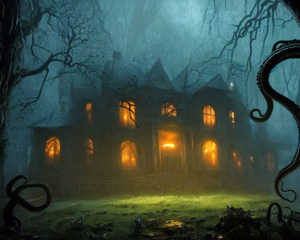 Eerie old house in misty forest with glowing windows