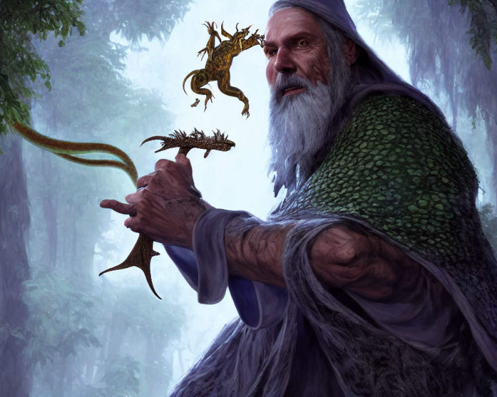 Elderly wizard with long beard summoning golden dragon creature in forest