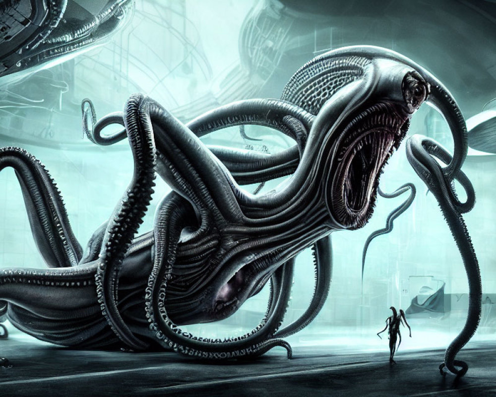 Giant alien creature with tentacles in futuristic hangar with humanoid figure