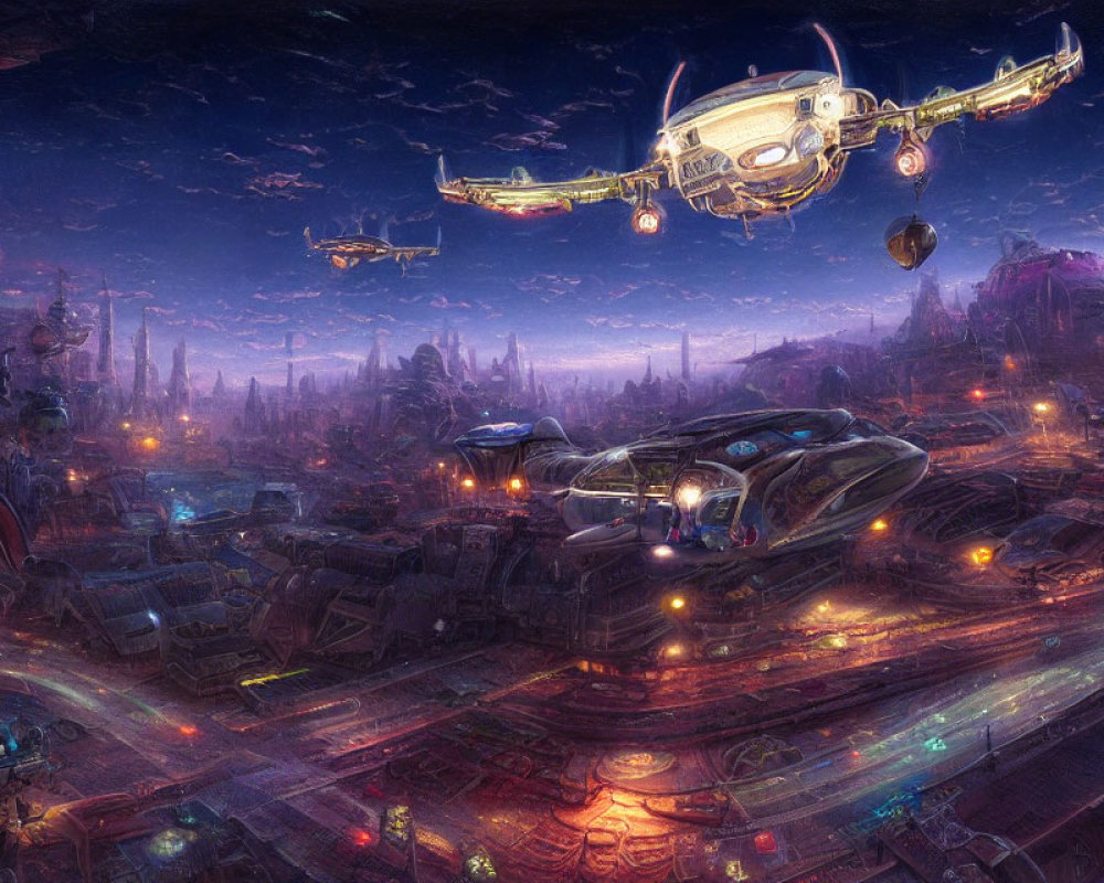 Futuristic night cityscape with neon lights and flying vehicles