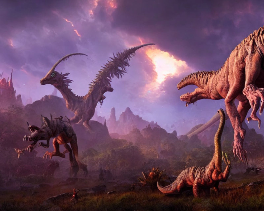 Majestic dragons in fantastical purple sunset with lightning