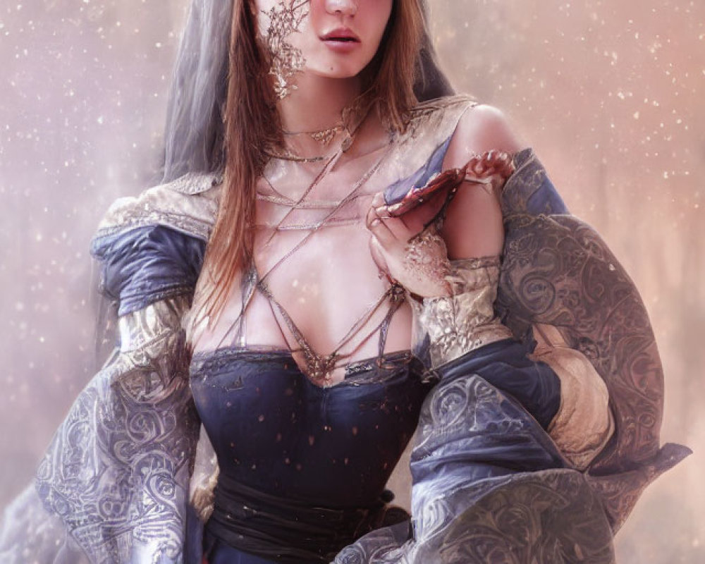 Fantasy-themed illustration of a woman in crown and corset with crystal in mystical background