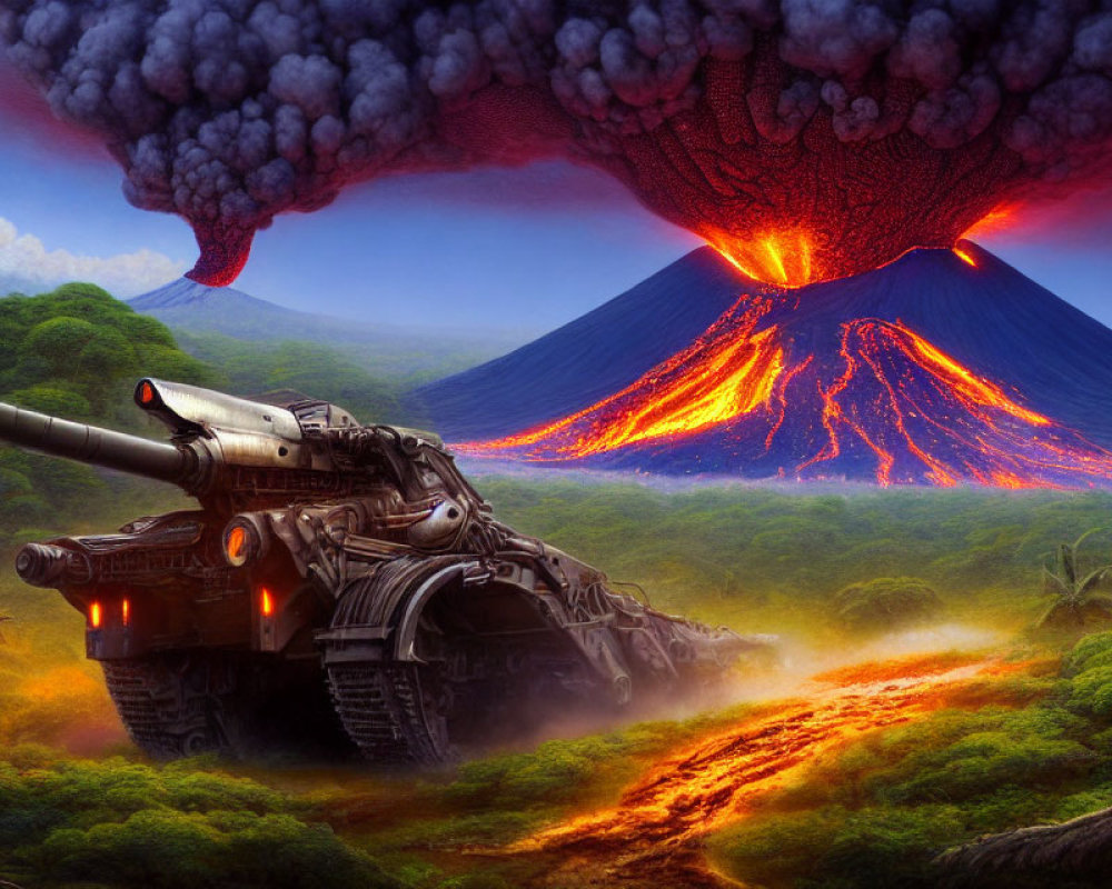 Futuristic tank fleeing erupting volcano in lush jungle