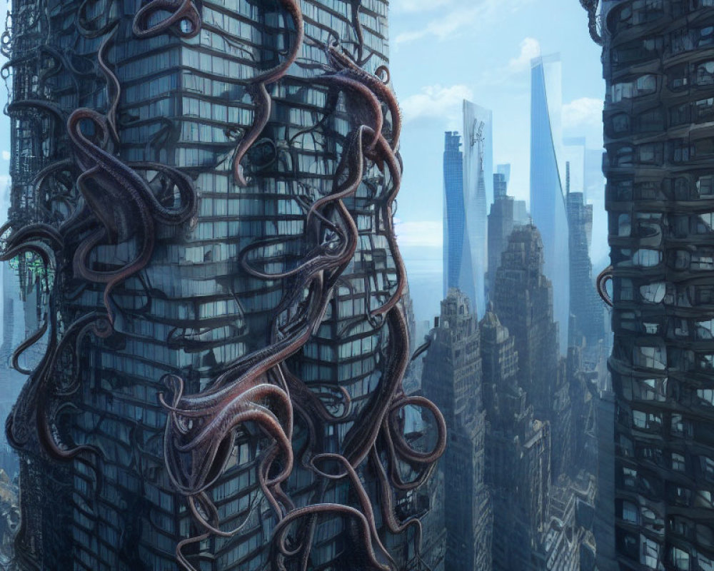 Futuristic cityscape with tentacle-like structures and skyscrapers