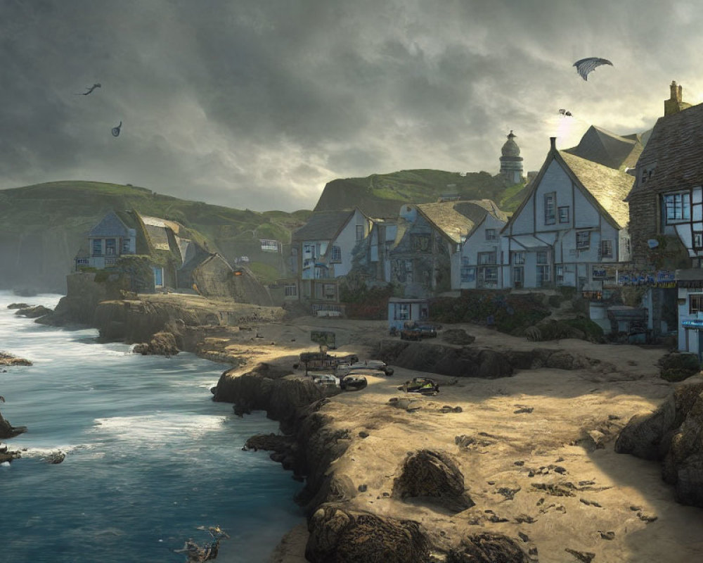 Picturesque coastal village with stone houses, lighthouse, paragliders, and dramatic sky.