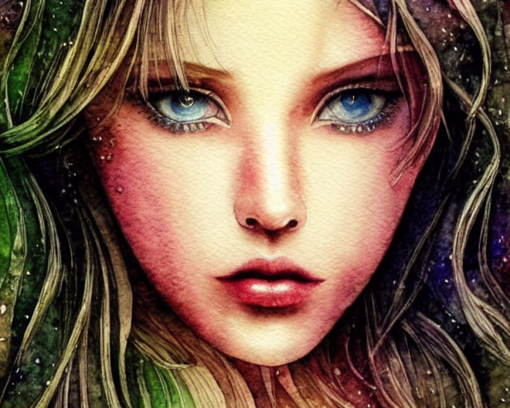 Vibrant portrait of young woman with blue eyes and cosmic hair.