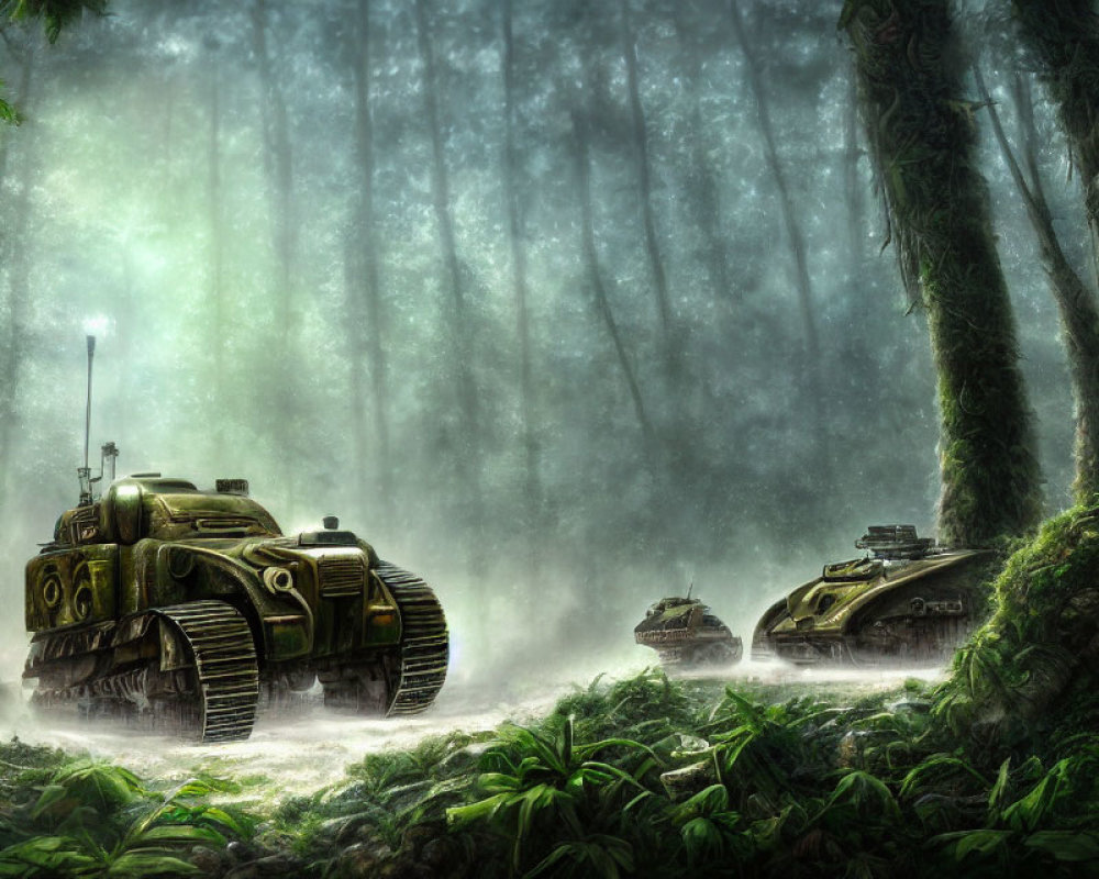 Mystical Forest with Fog, Tall Trees, and Futuristic Tanks