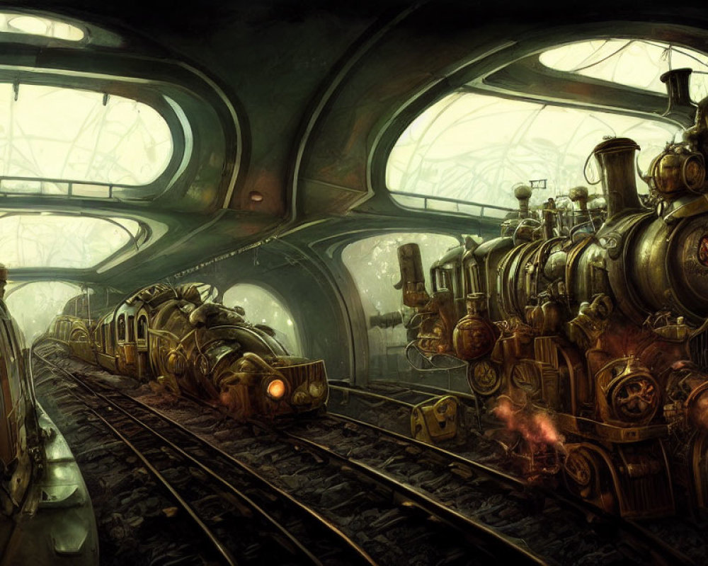 Detailed sepia-toned steampunk train station illustration with industrial-age trains and arched ceilings