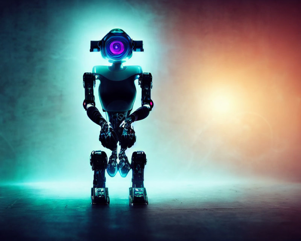 Glowing robot in misty room with blue and orange light