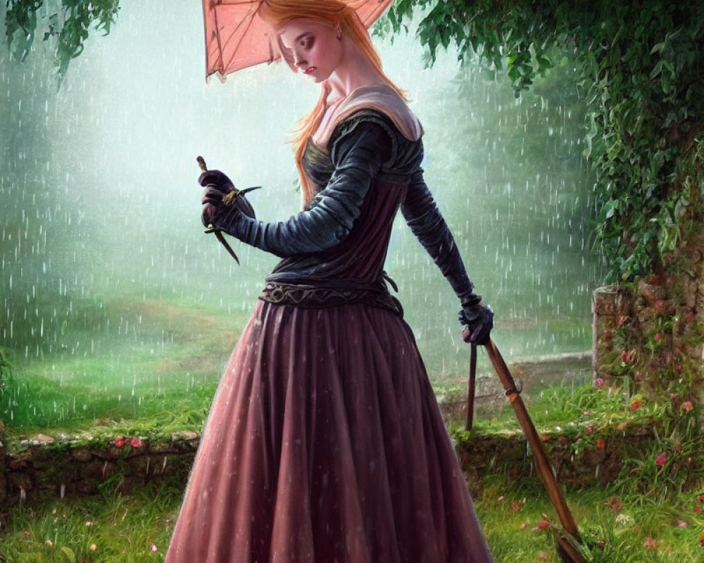 Medieval woman with umbrella and sparrow in rainy greenery.