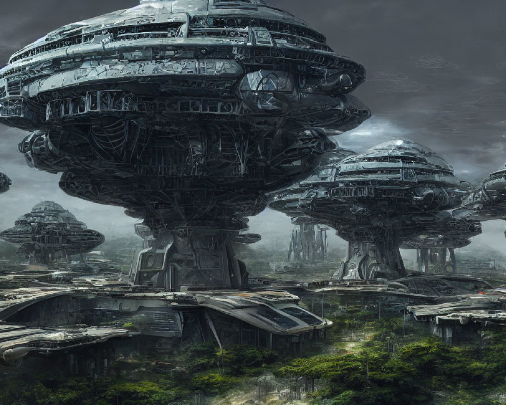 Futuristic cityscape with spherical towers in forested setting