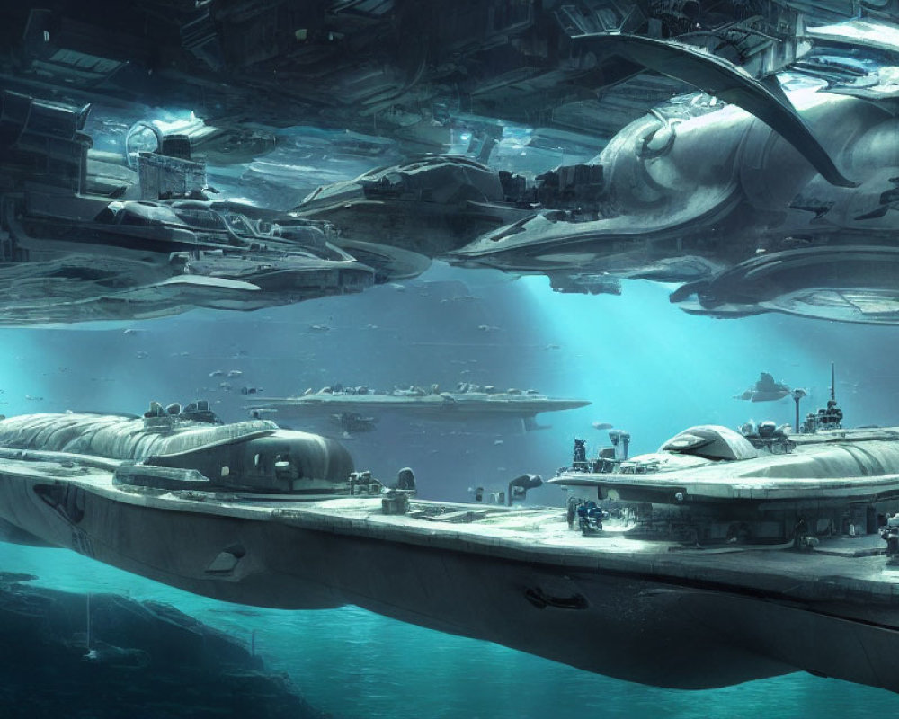 Futuristic underwater city with advanced submarines and blue illuminated structures