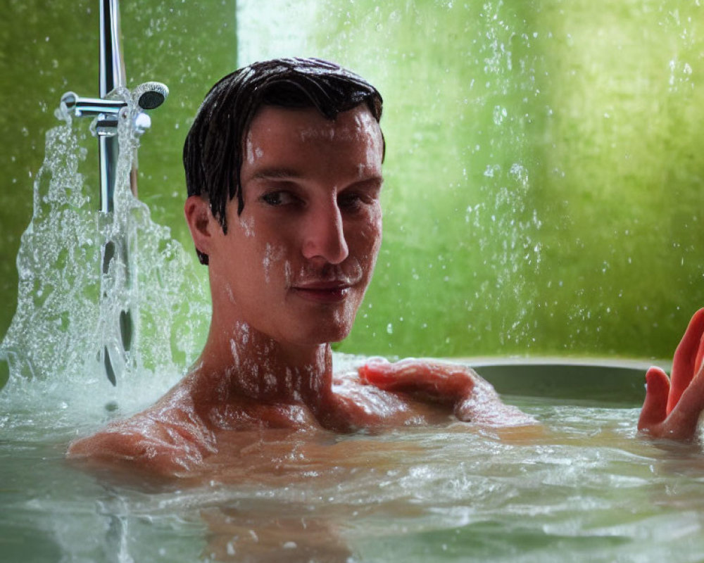 Person smiling in bathtub with water splashing, green-tinted background