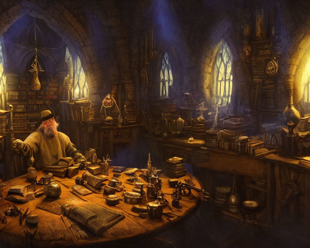 Elderly man in cluttered medieval study with books and scrolls