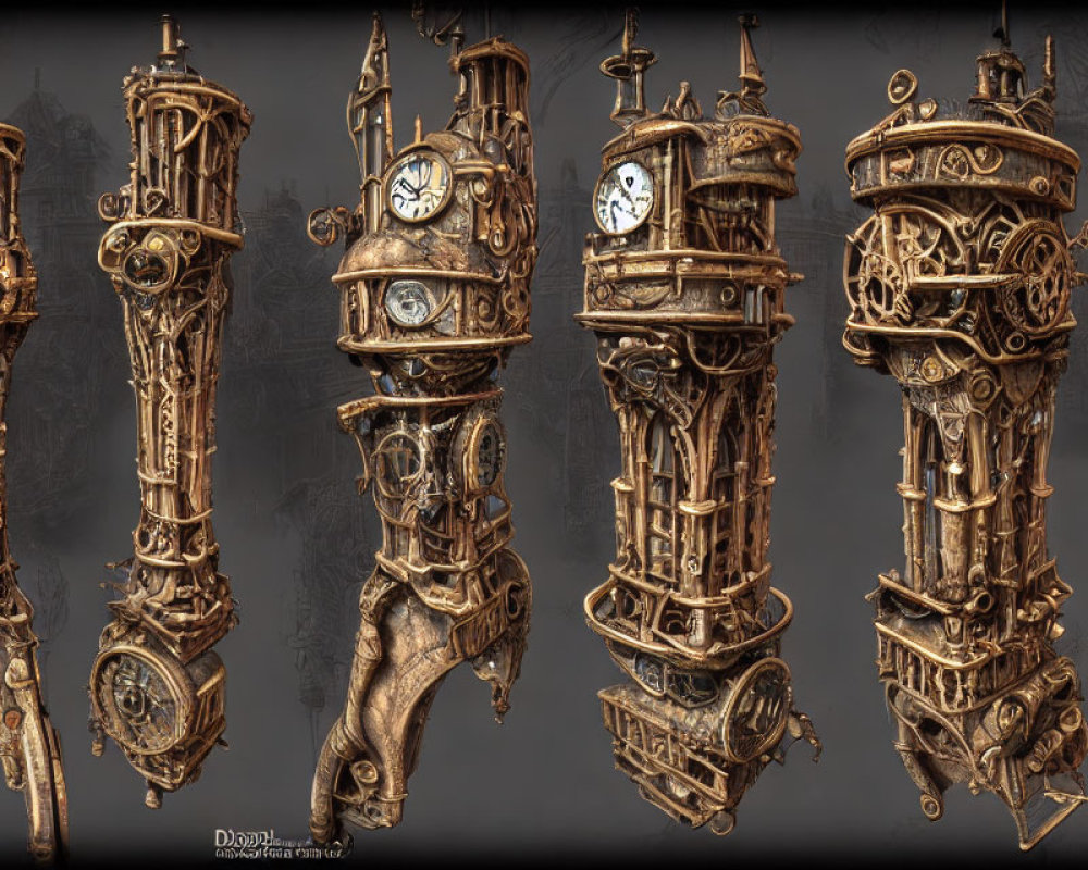 Steampunk-styled mechanical limbs with gears on gray background