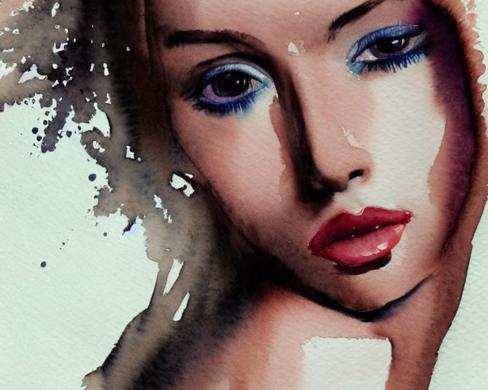 Woman portrait with hood: Watercolor art of expressive blue eyes and red lips, blurred edges