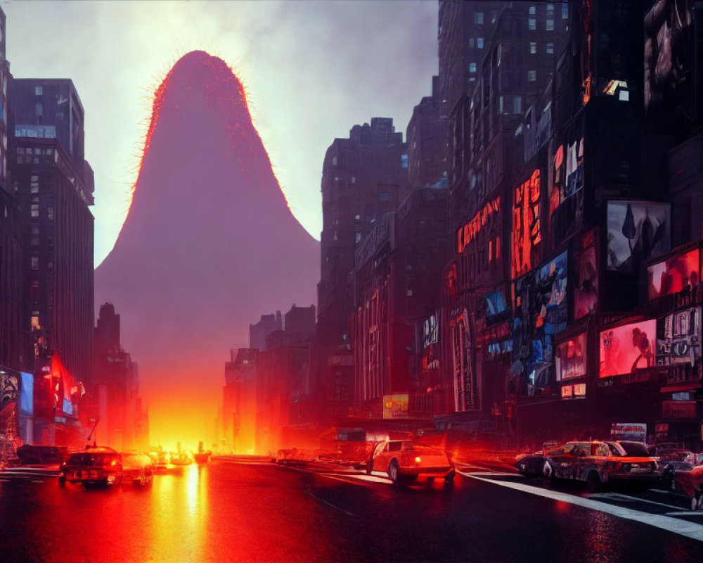 Surreal cityscape with erupting volcano at dusk