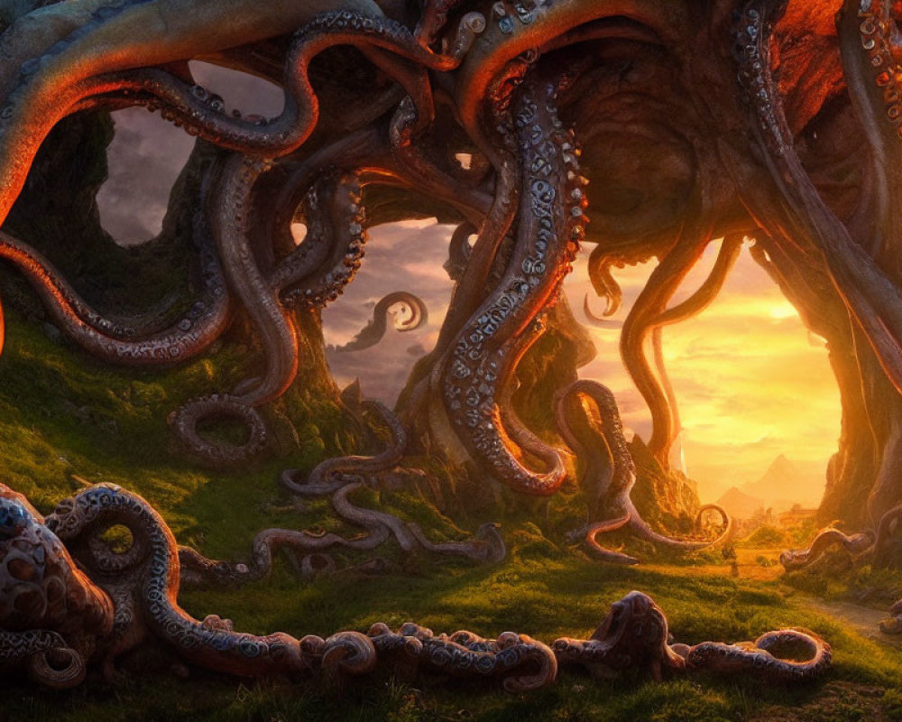 Fantastical landscape with giant octopus tentacles at sunset