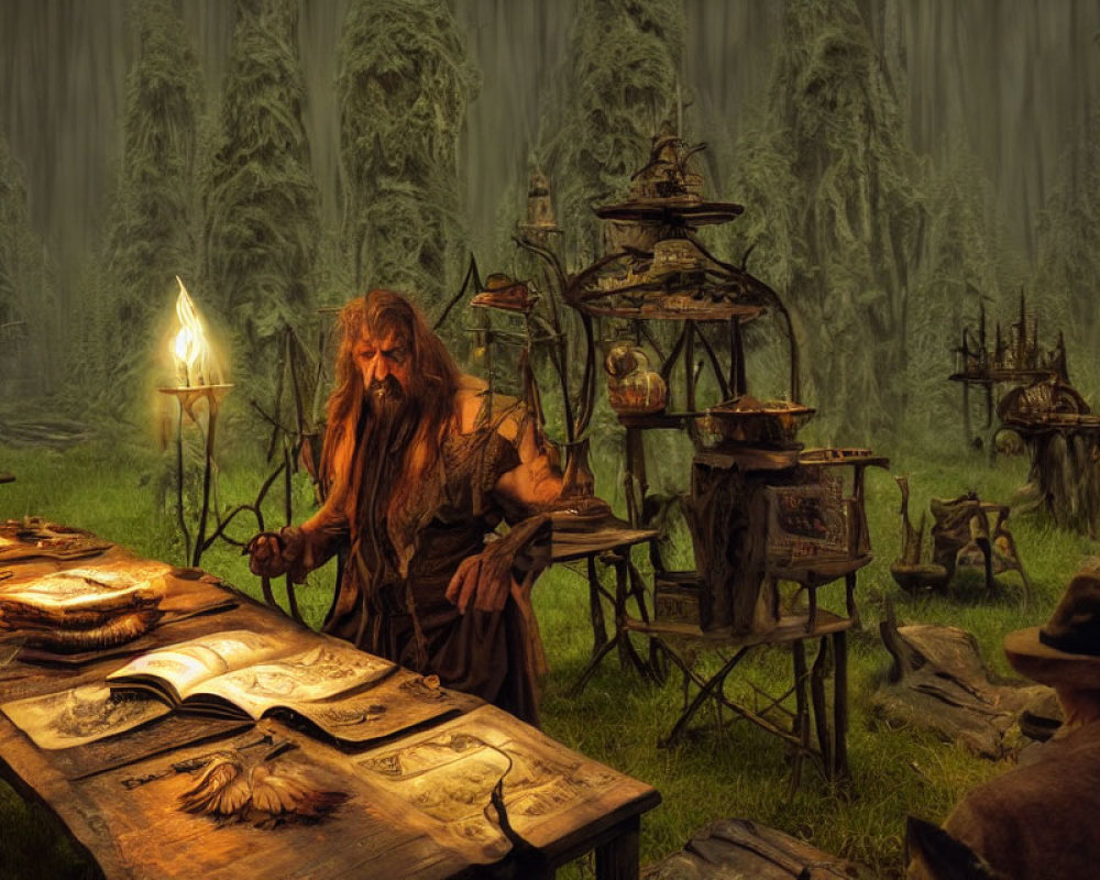 Bearded person in medieval attire studying book in candlelit forest