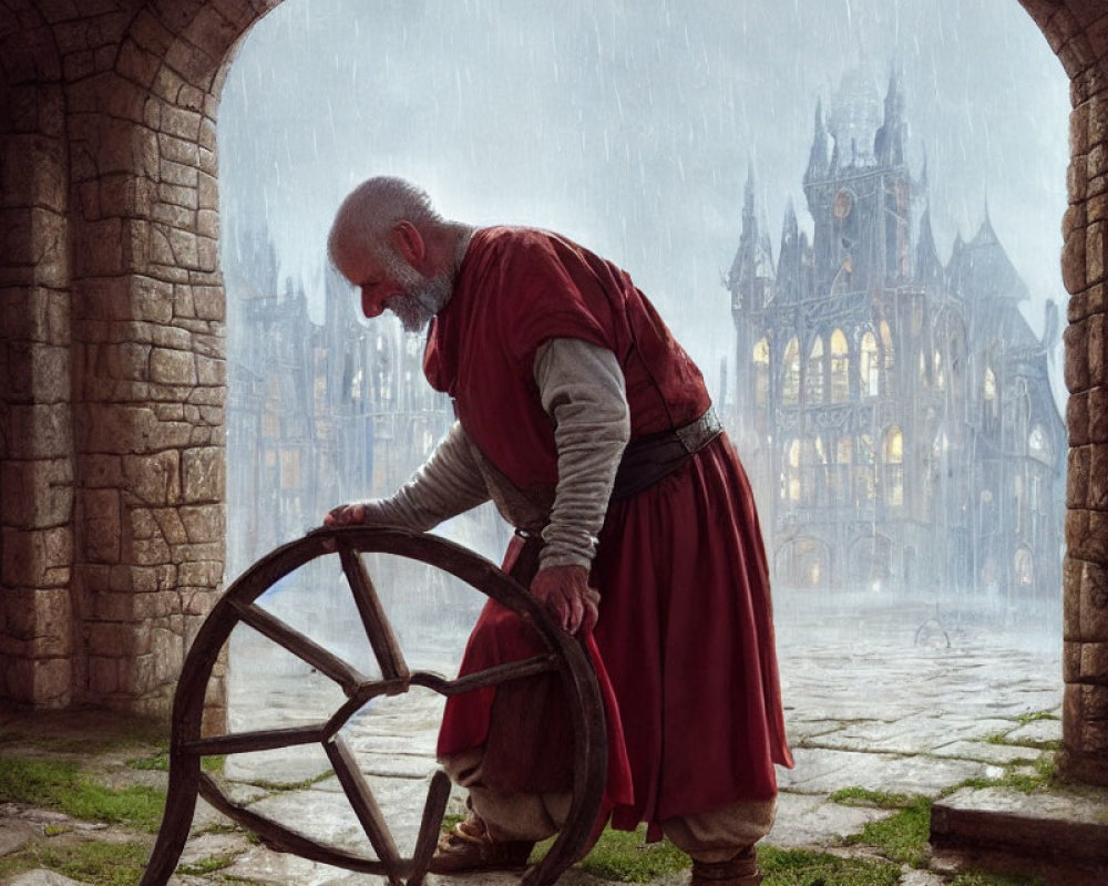 Elderly man in medieval attire holding a wheel near gothic archway in the rain