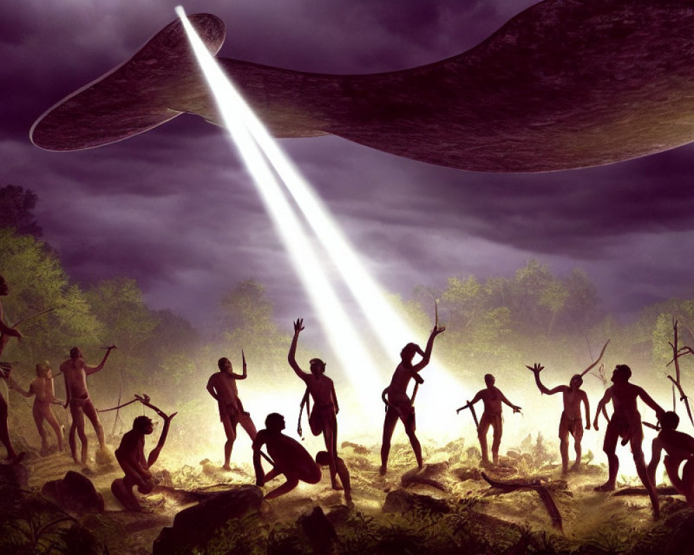 Primitive humans in misty forest under UFO light beam