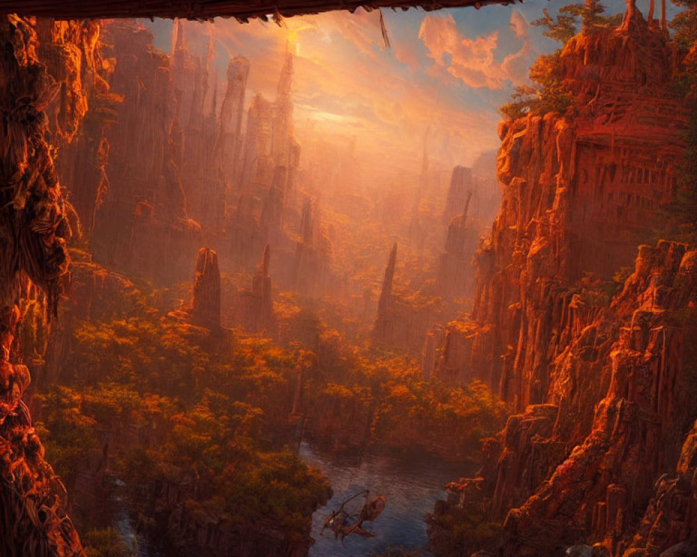 Ethereal landscape with red rock formations, lush greenery, river, and soft sunlight.